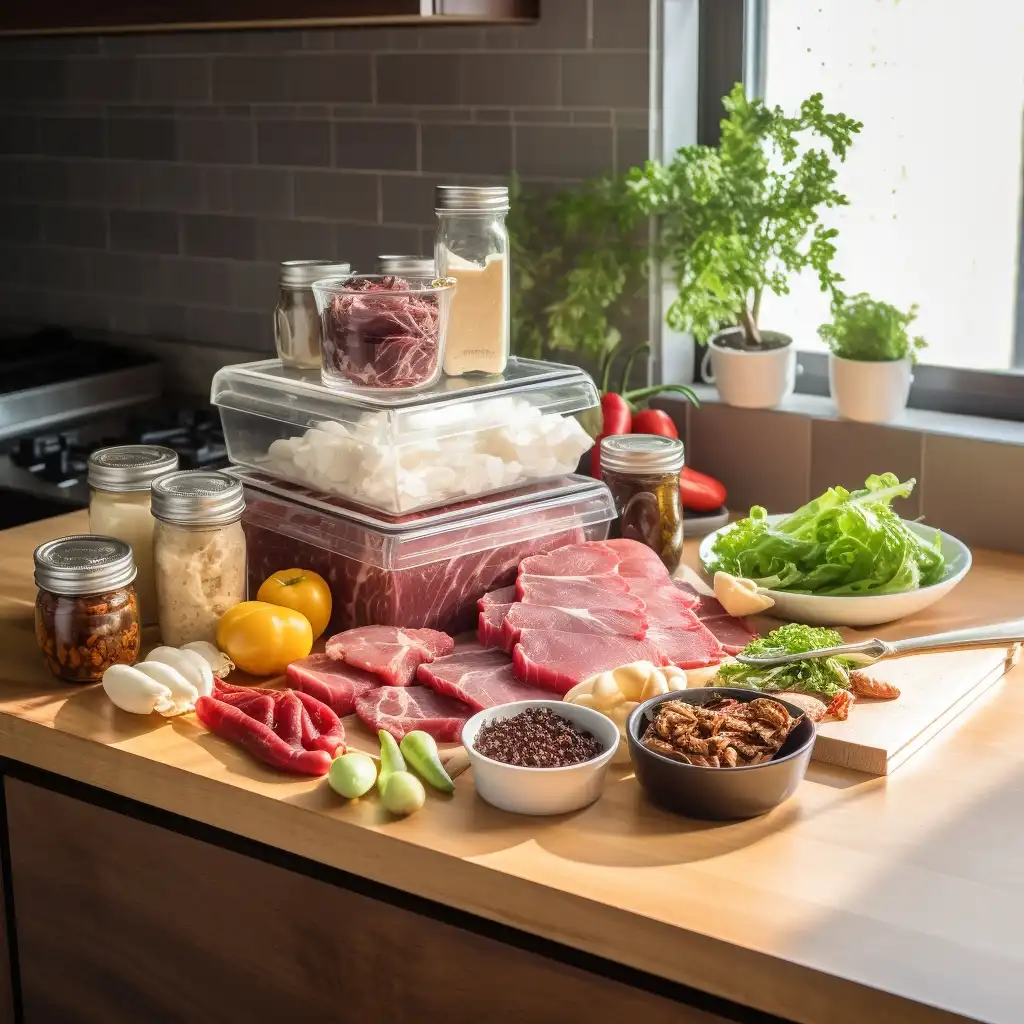 A kitchen counter setup with various carnivore-friendly ingredients, including raw meats, greens, spices, and jars of seasoning, ready for meal prep.