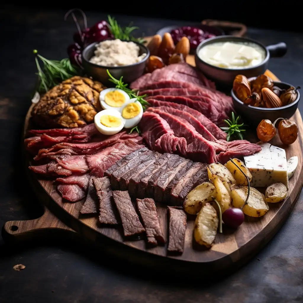 A gourmet meat platter with sliced steak, cured meats, roasted potatoes, eggs, and dips, perfect for carnivore diet snacks.