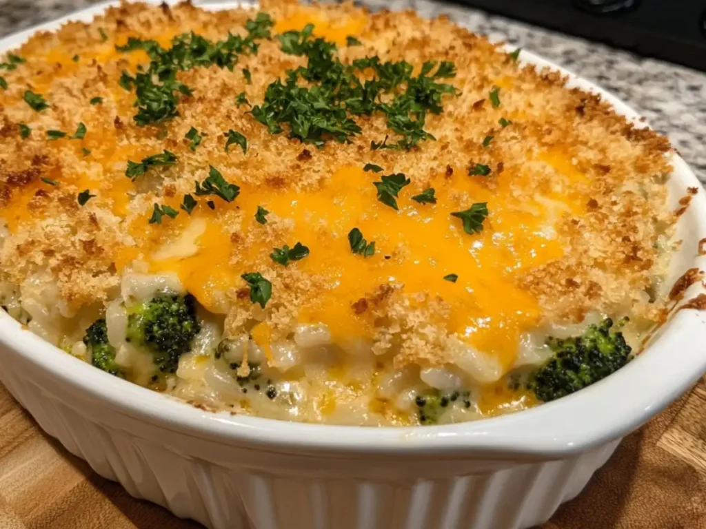 A cheesy broccoli and rice casserole topped with golden panko crumbs and fresh parsley garnish.