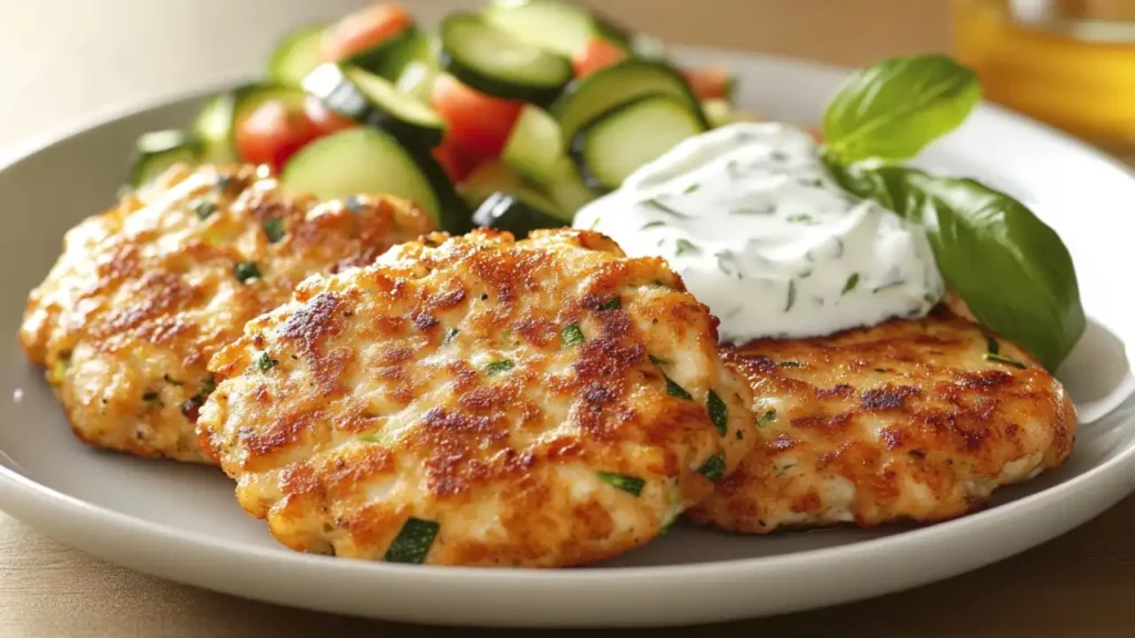 Golden-brown chicken and zucchini patties served with creamy yogurt sauce and fresh vegetable salad.