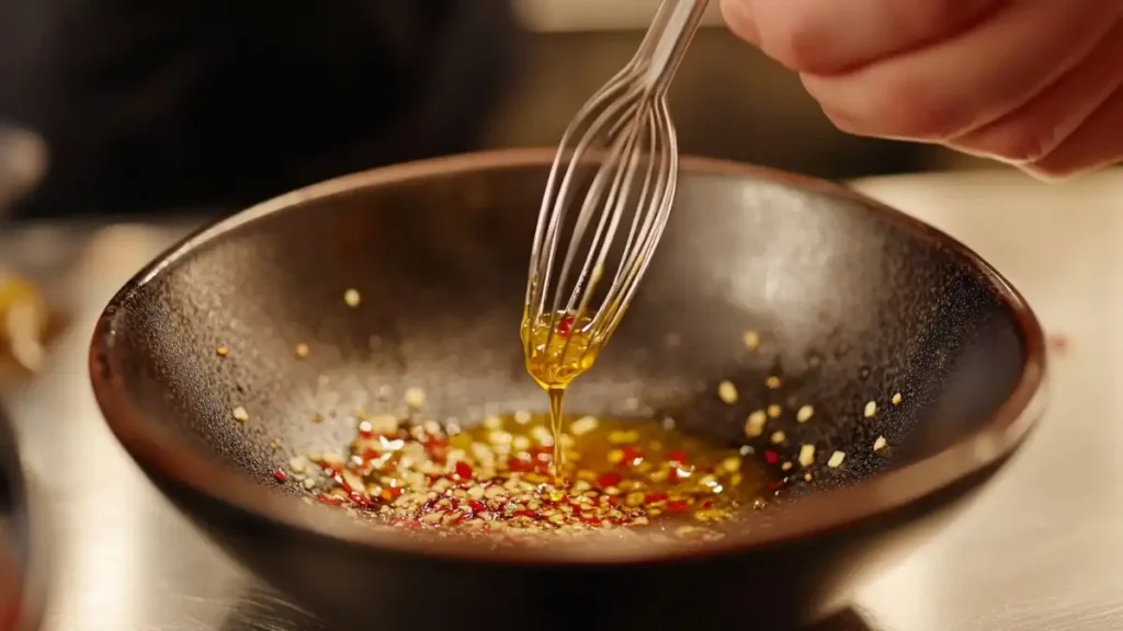 Chili oil being whisked in a bowl for a spicy salad dressing.