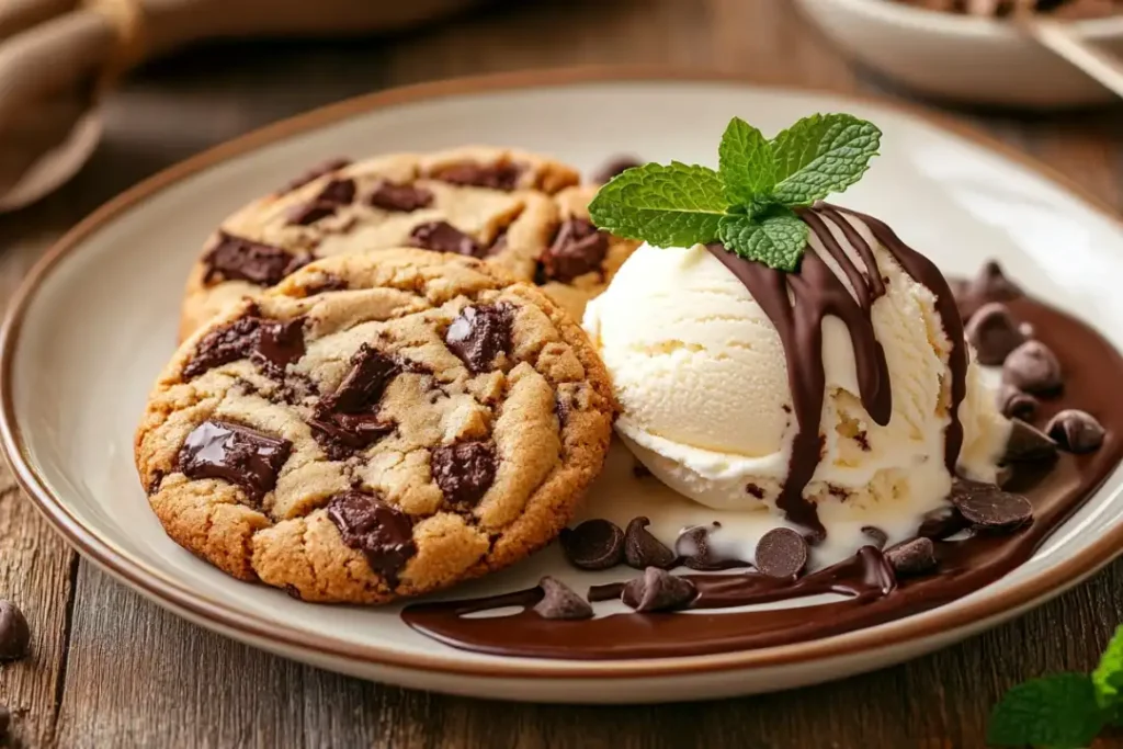 Chocolate chip cookies served with vanilla ice cream, chocolate drizzle, and mint garnish.