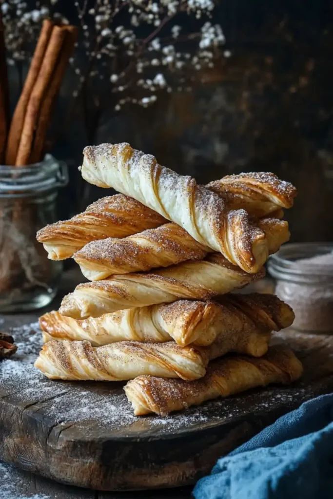 Cinnamon-sugar puff pastry twists stacked on a rustic wooden surface with cinnamon sticks in the background.