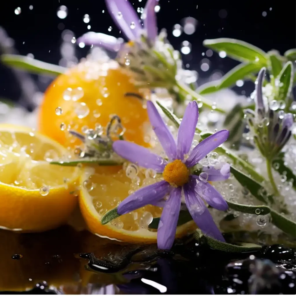 Fresh citrus slices with purple flowers and water droplets creating a refreshing splash.