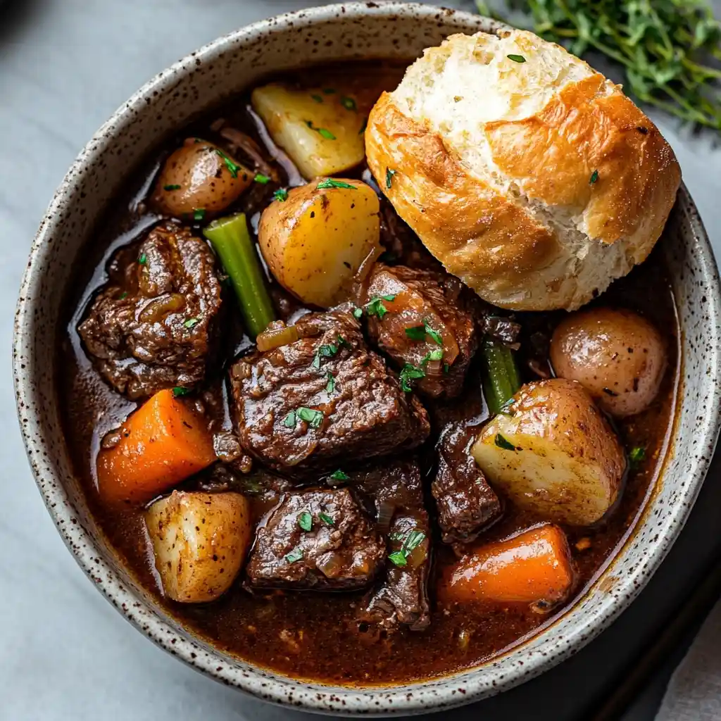 Hearty beef stew with potatoes, carrots, celery, and a golden roll served in a rustic bowl.