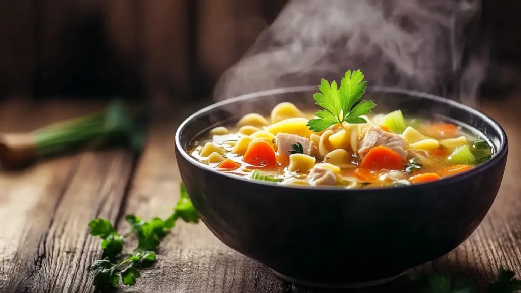 A steaming bowl of chicken noodle soup with tender chicken, carrots, celery, and fresh parsley.