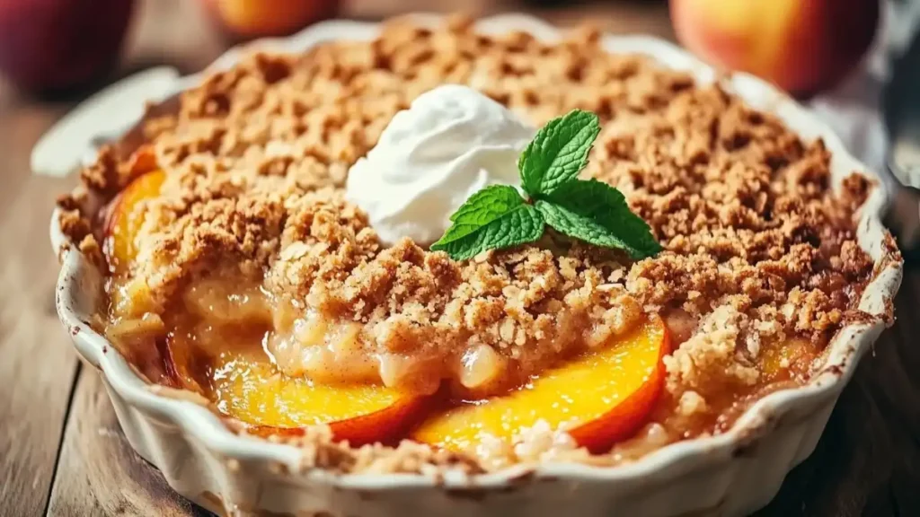 A classic peach crumble topped with whipped cream and garnished with fresh mint in a rustic baking dish.