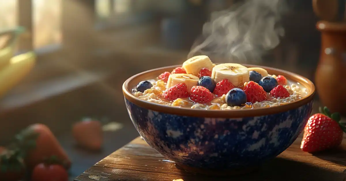 A steaming bowl of steel-cut oats topped with fresh strawberries, blueberries, and banana slices.