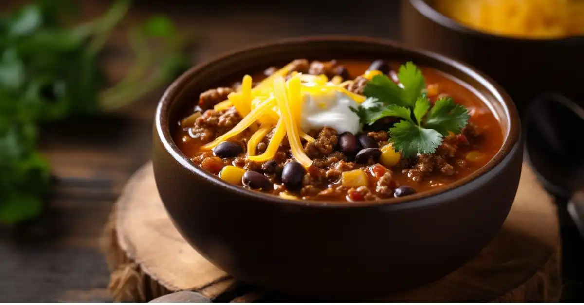 A rustic bowl of taco soup garnished with shredded cheese, sour cream, and fresh cilantro, ready to be enjoyed.