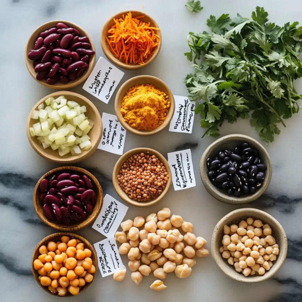 Assorted colorful beans and spices arranged in bowls, ideal for a vibrant salad recipe.