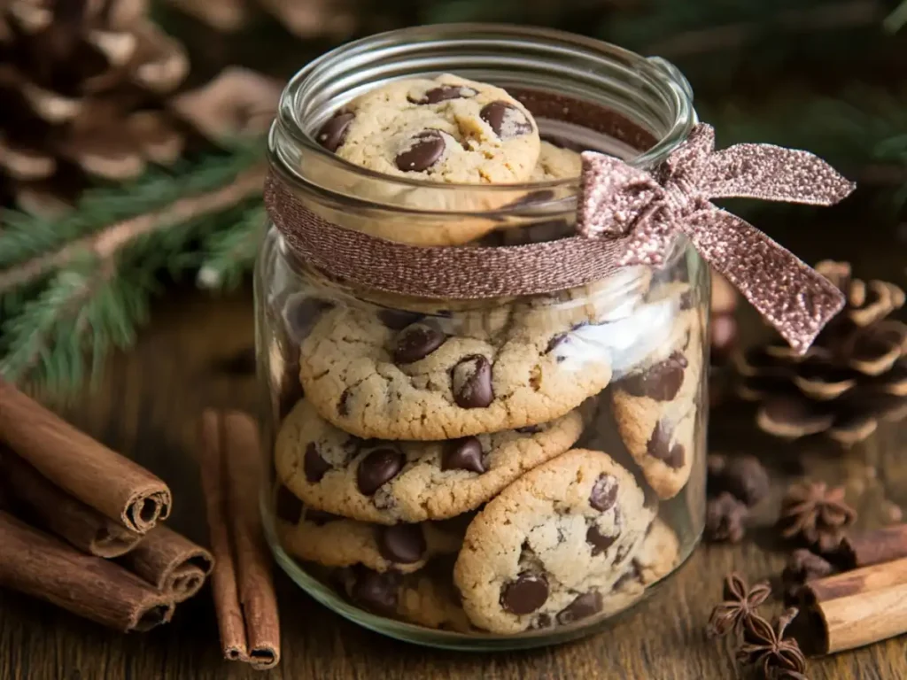 Chocolate chip cookies packaged in a glass jar with a ribbon, surrounded by festive decor.