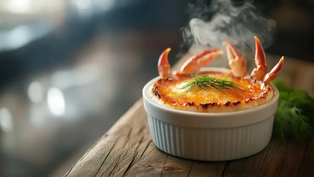 Crab brulee in a white ramekin with a caramelized sugar crust, garnished with dill and steaming on a rustic wooden table.