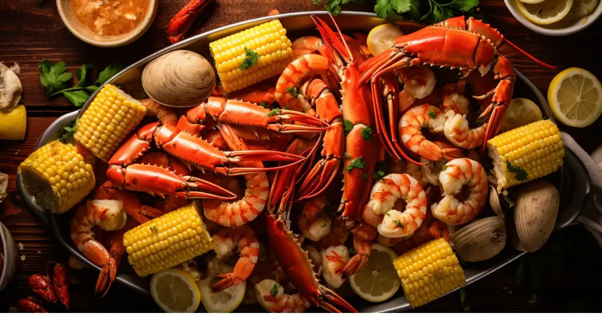 A vibrant tray of crab legs, shrimp, corn on the cob, and clams, garnished with herbs and lemon slices.