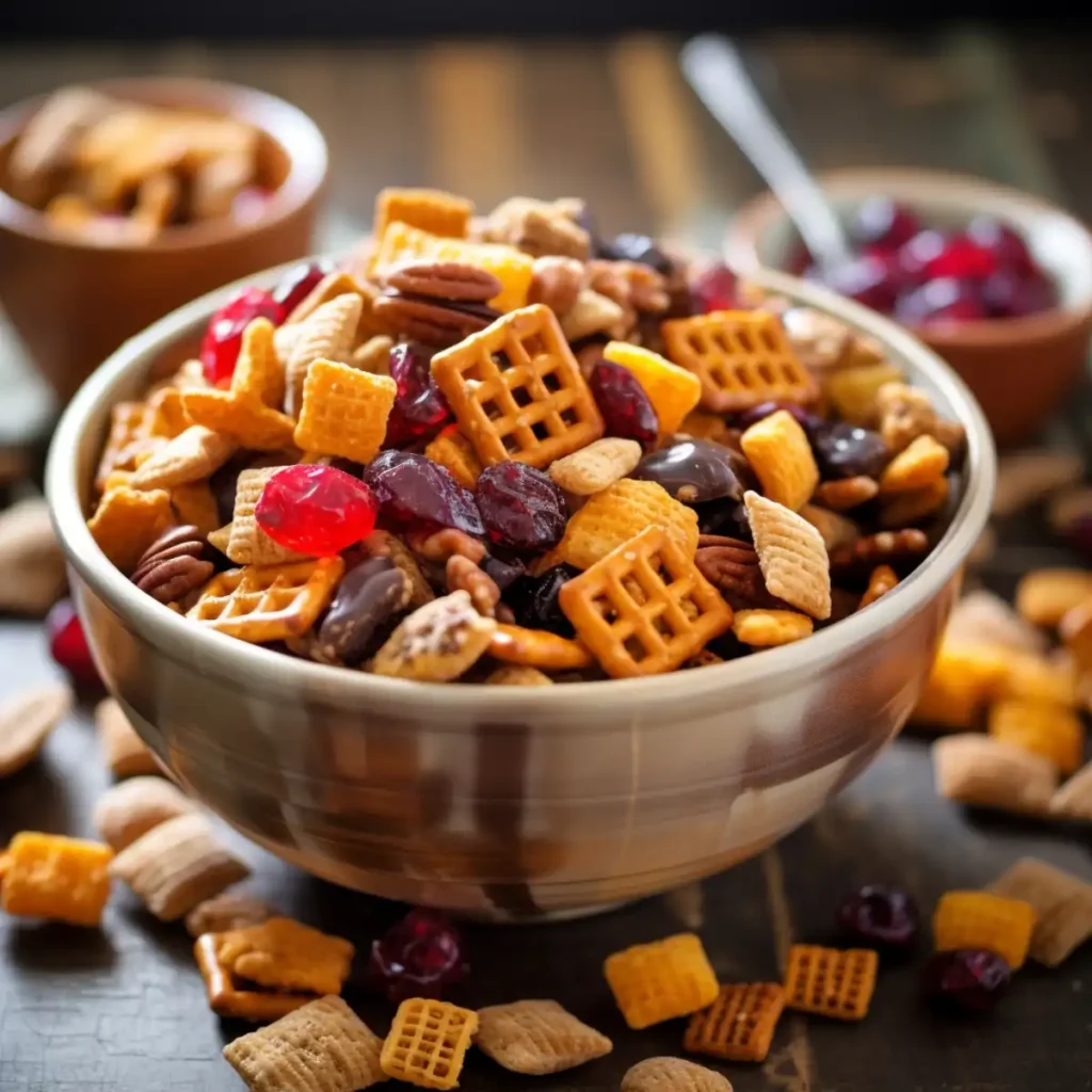 A bowl of trail mix featuring cranberries, chocolate, and crunchy squares, paired with a rustic background.