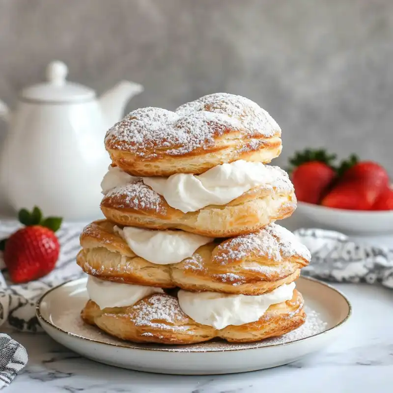 Tower of cream puffs filled with whipped cream, dusted with powdered sugar, and strawberries in the background.