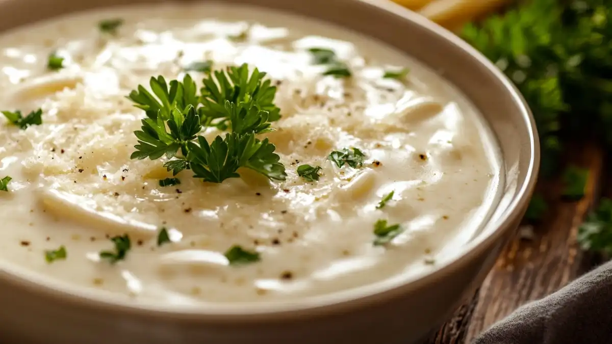 A close-up of creamy Alfredo sauce topped with grated Parmesan and parsley in a bowl.