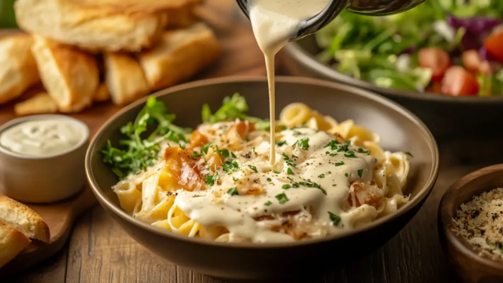 Alfredo sauce being poured over pasta in a bowl, garnished with parsley, with fresh bread and salad in the background.