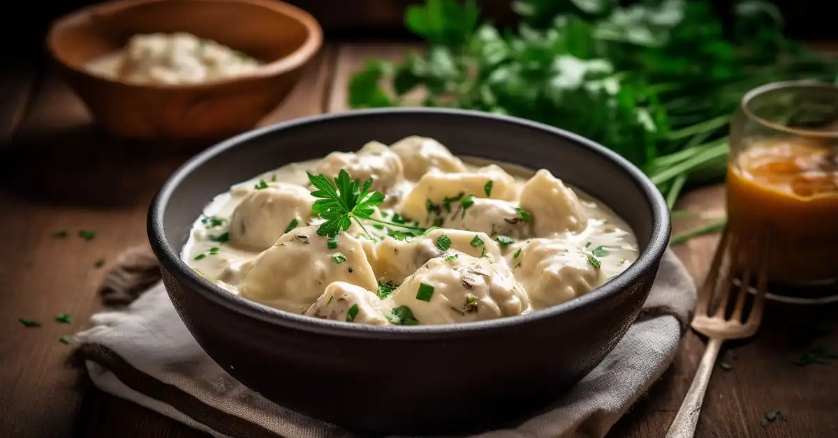 A bowl of creamy Crockpot Chicken and Dumplings topped with fresh parsley, ready to enjoy.