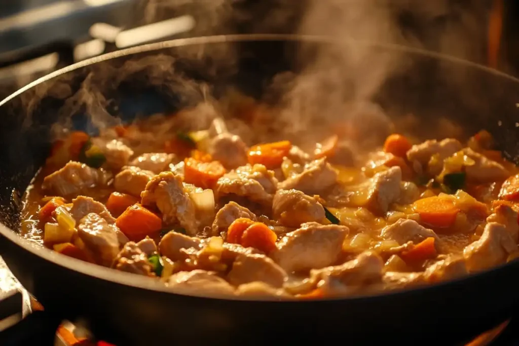 Chicken and vegetable stew simmering in a pan, with steam rising and a golden hue.