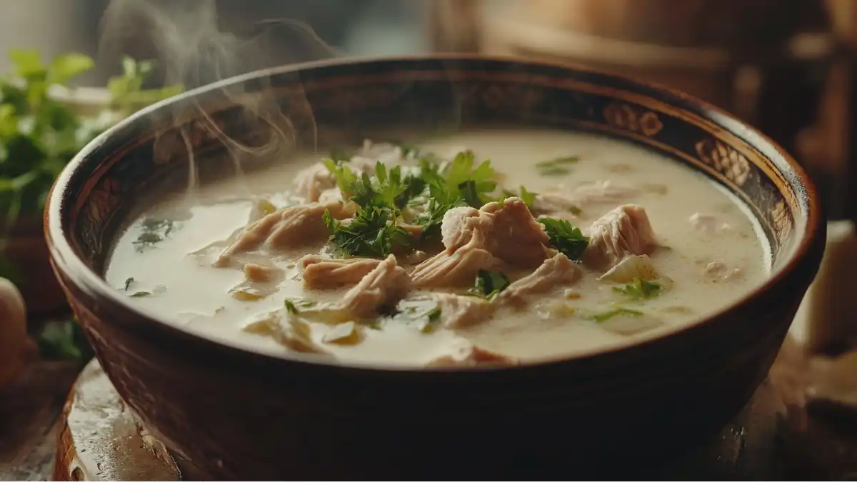 Aromatic creamy chicken soup in a traditional bowl, topped with parsley and served hot.