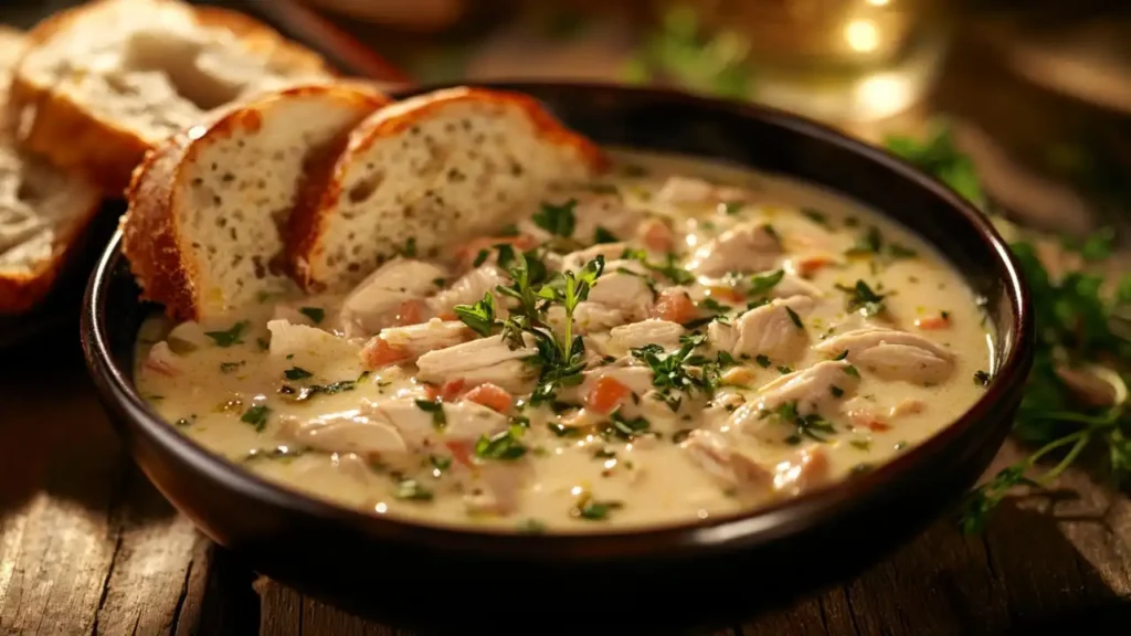 Thick and hearty creamy chicken soup served in a bowl with crusty bread slices on the side.