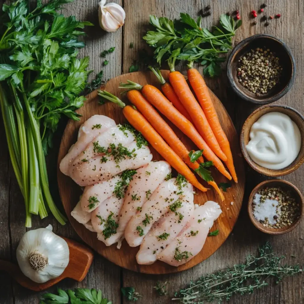 Raw chicken breasts seasoned with parsley alongside fresh carrots, celery, garlic, and spices on a wooden board.