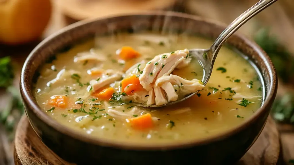 Bowl of creamy chicken soup with shredded chicken and diced carrots, garnished with fresh parsley.