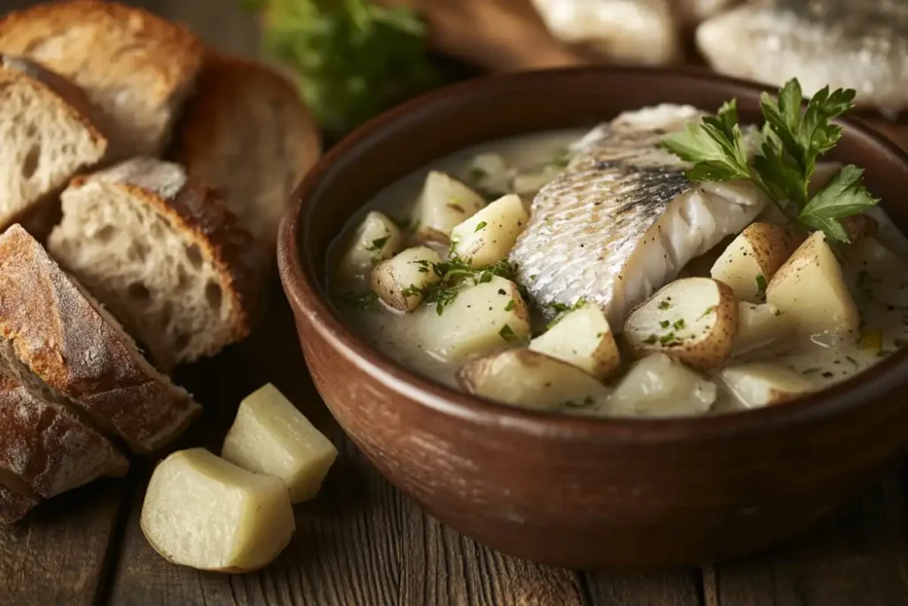 A hearty bowl of creamy fish chowder with tender potatoes, fresh herbs, and crusty bread on the side.