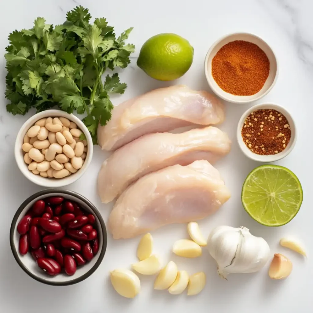 Fresh ingredients for creamy white chicken chili including raw chicken breasts, beans, garlic, cilantro, and seasonings.