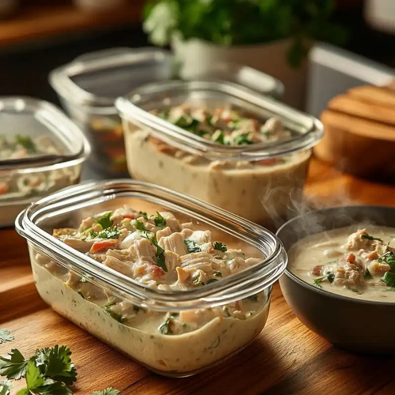 Creamy white chicken chili stored in meal prep containers for easy storage.