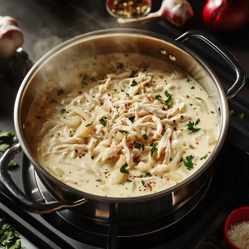 A steaming pot of creamy white chicken chili garnished with shredded chicken and parsley.
