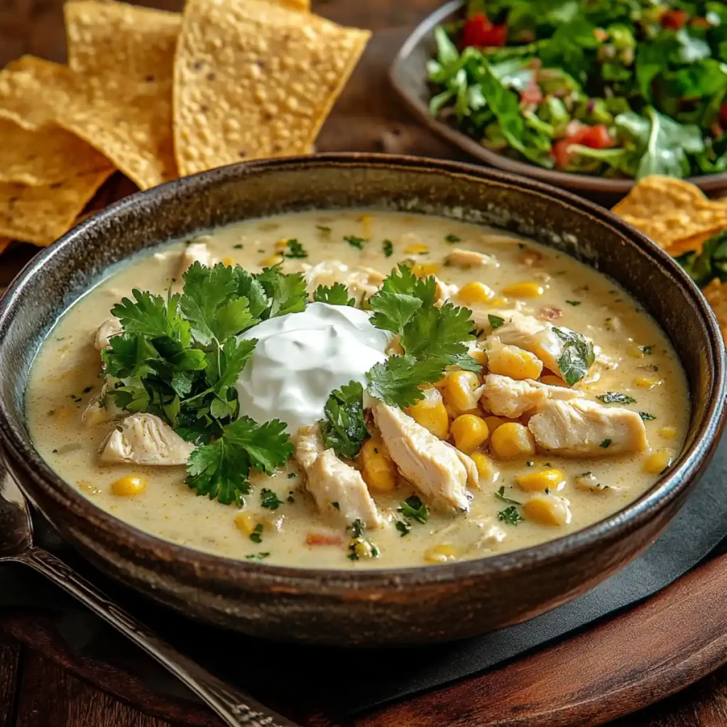 A bowl of creamy white chicken chili topped with sour cream and fresh cilantro, served with tortilla chips.