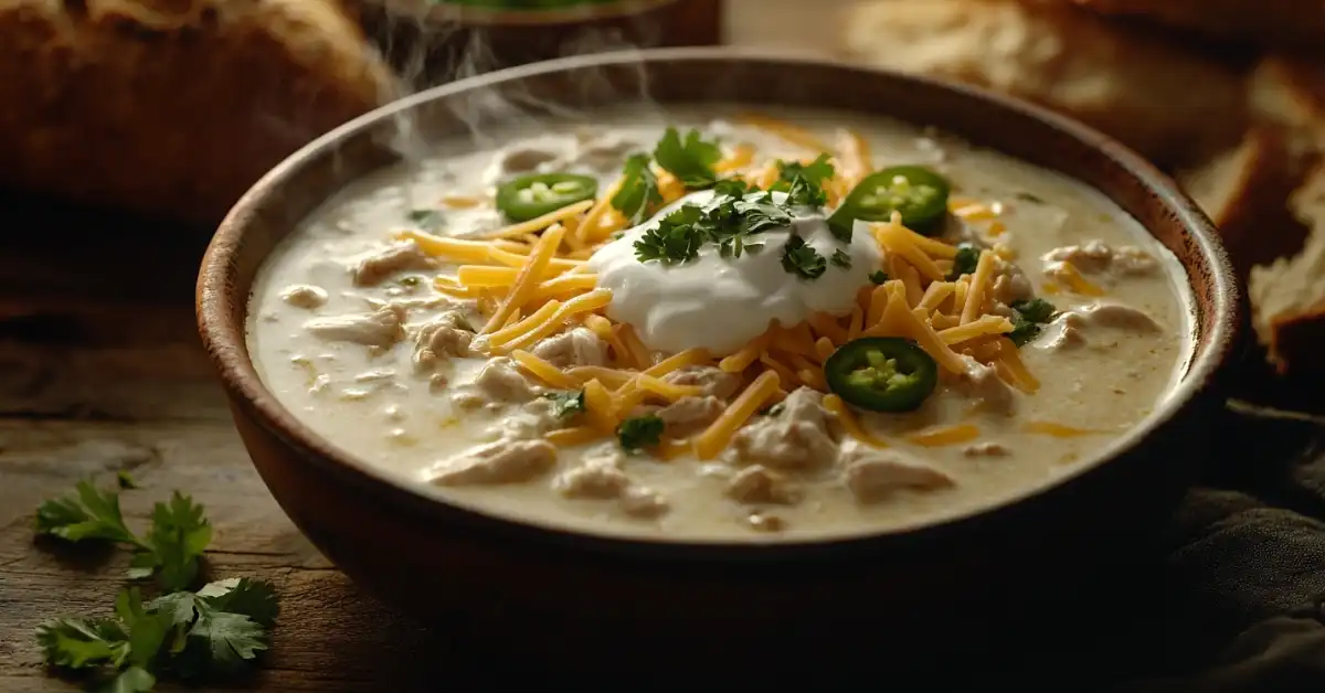 A bowl of creamy white chicken chili topped with shredded cheese, jalapeños, and sour cream.