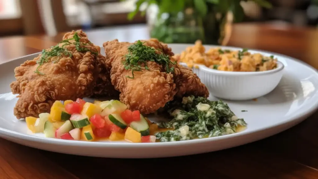 Two pieces of golden fried chicken on a white plate with mixed vegetable salsa, creamed greens, and a side dish in a small bowl