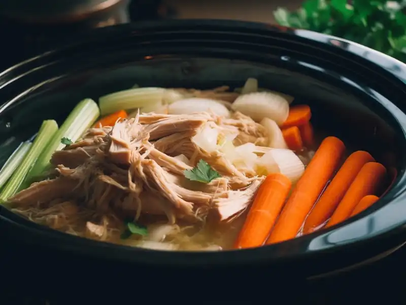 A crockpot filled with chicken, carrots, celery, and onions in broth, cooking for Crockpot Chicken and Dumplings.