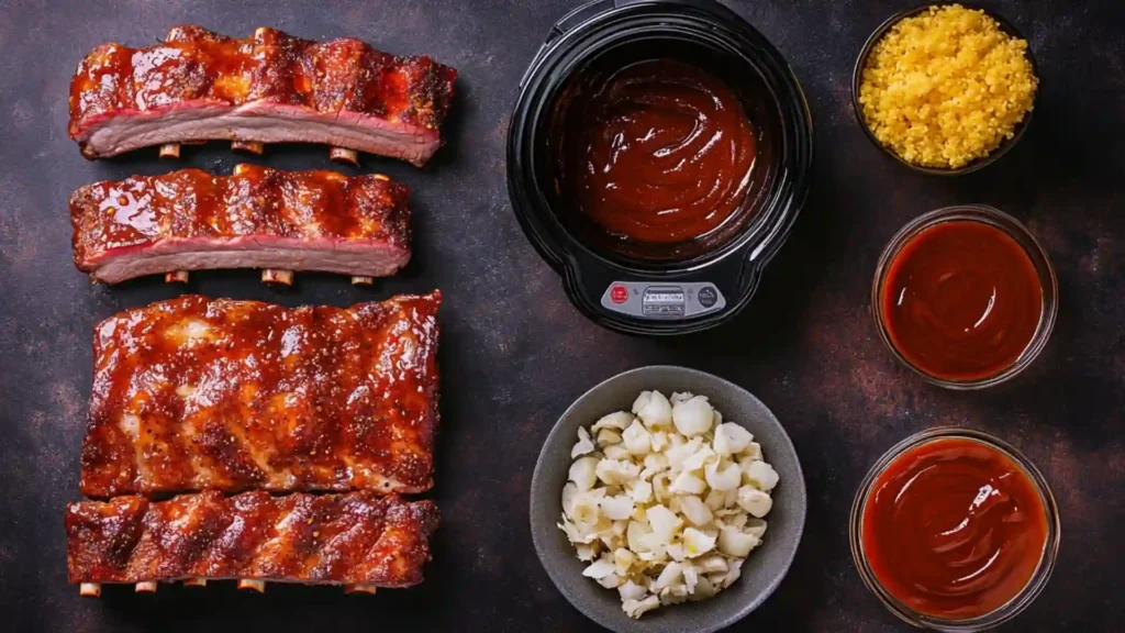 A flat-lay of cooked crockpot ribs, BBQ sauce, cornmeal, and garlic arranged on a dark table.