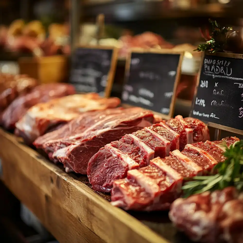 Freshly cut ribs and meats on a butcher’s counter with labeled chalkboards in the background.