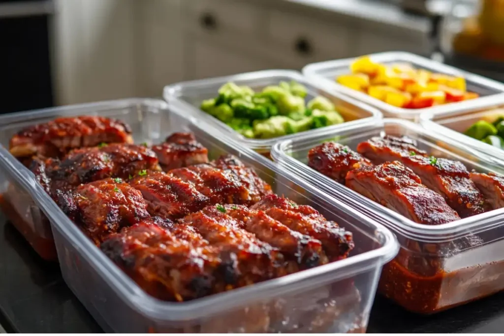 Crockpot ribs packed in meal-prep containers alongside steamed broccoli and peaches.