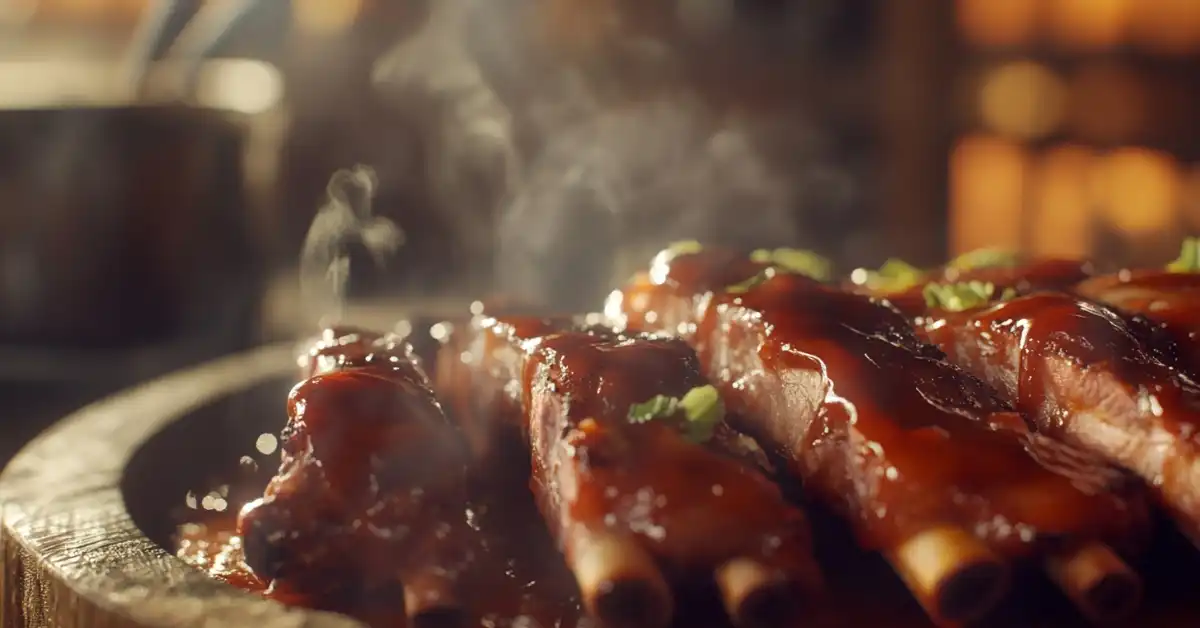 teaming hot crockpot ribs with a glossy BBQ glaze, garnished with fresh herbs.