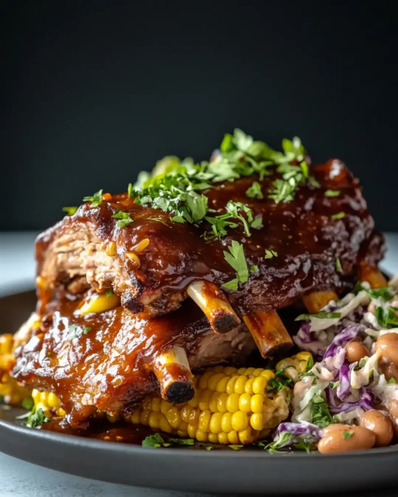 Juicy crockpot ribs plated with corn on the cob and coleslaw, garnished with fresh herbs.