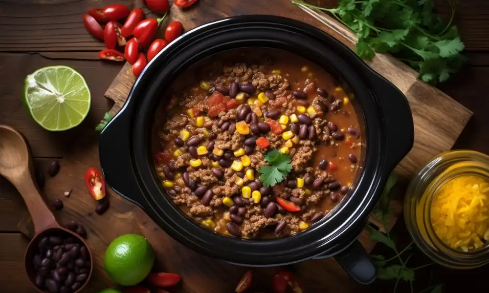 A crockpot filled with taco soup ingredients, including ground beef, black beans, corn, and tomatoes, with fresh limes, chili peppers, and cilantro on the side.