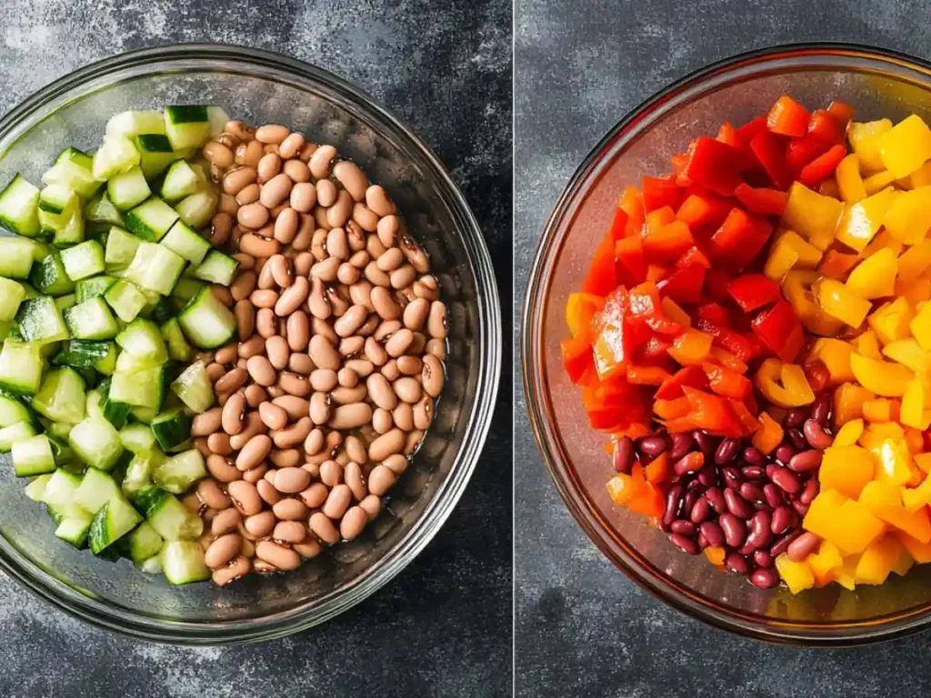 Fresh cucumber and beans in a clear glass bowl, ready for a vibrant salad.