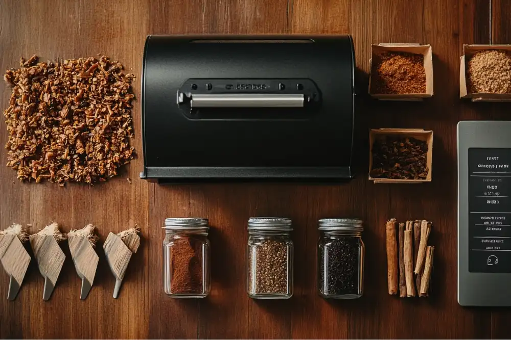 A variety of spices and herbs arranged around a spice grinder on a wooden table.