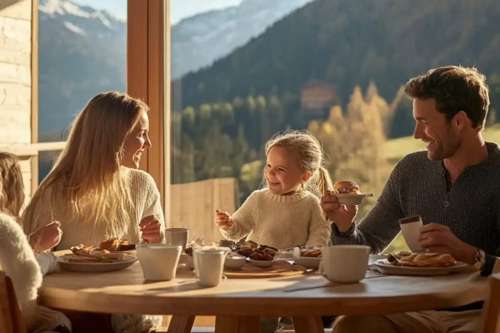 A family enjoying freshly baked gipfeli at a cozy breakfast table with scenic mountain views in the background.