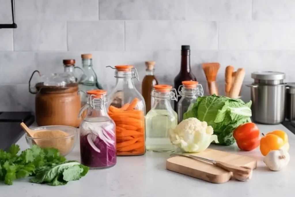 Jars of pickled carrots, onions, and cabbage on a kitchen counter with fresh produce nearby.