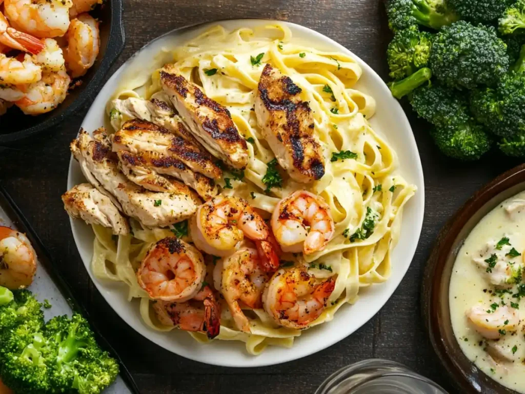 A plate of creamy fettuccine Alfredo topped with grilled chicken, shrimp, and parsley, served with sides of broccoli and shrimp.
