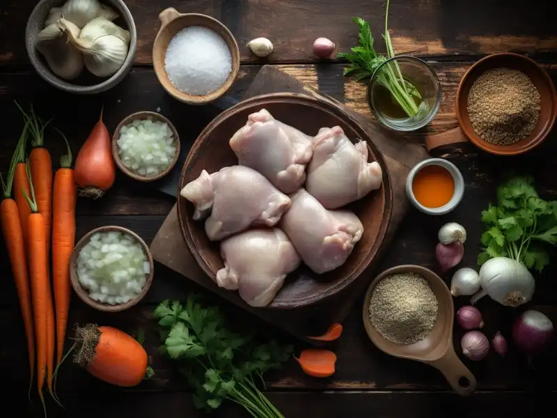 Fresh chicken thighs surrounded by carrots, onions, garlic, and herbs, ready for Crockpot Chicken and Dumplings.