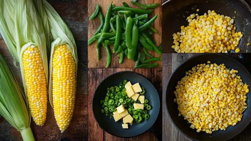 Fresh corn and green peppers prepared on a wooden surface.