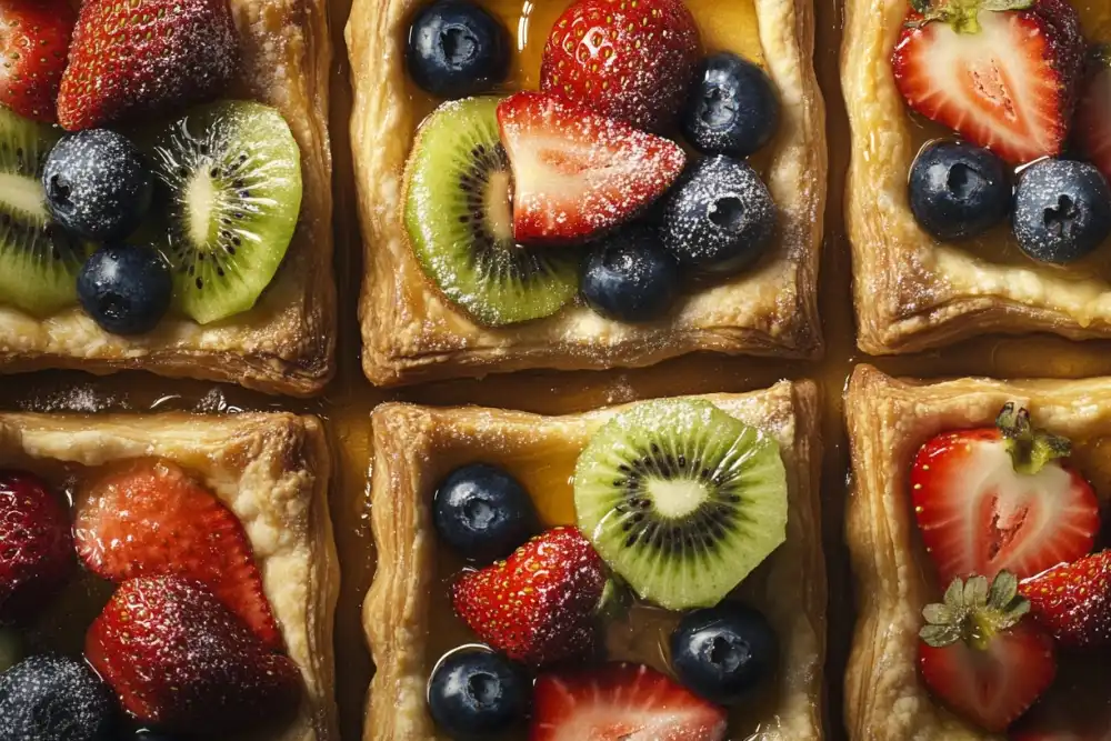 Pastry squares topped with fresh strawberries, kiwi, blueberries, and a glaze, arranged neatly.