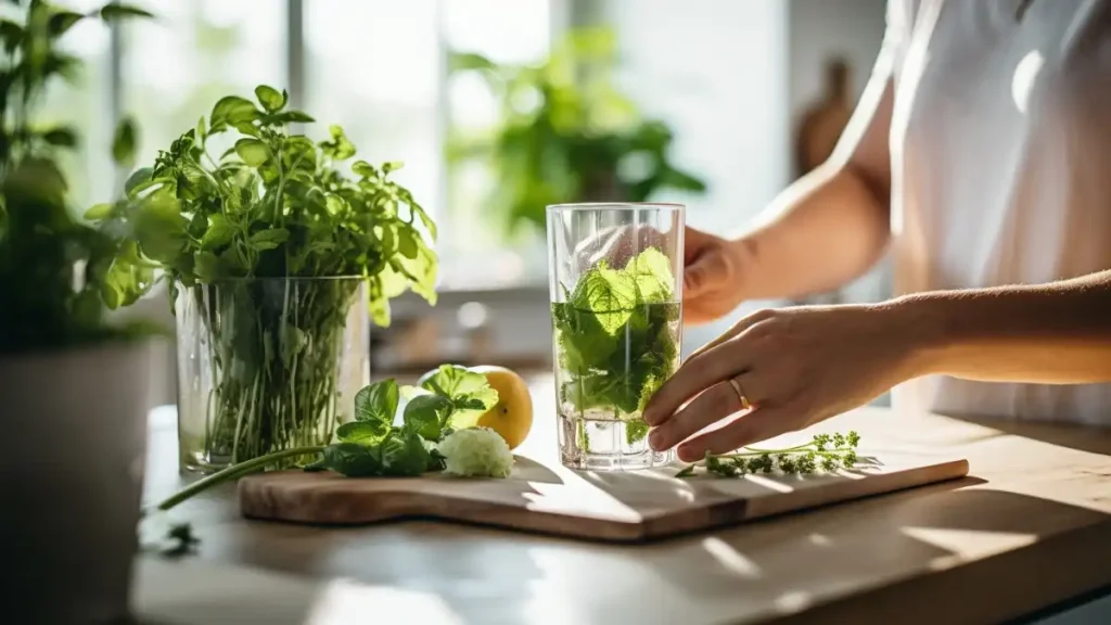 A person preparing a fresh herb and lemon infusion in a sunny kitchen.
